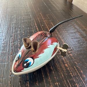 Vintage Wind Up Toy Mouse On Wheels/Spinning Tail Tin Mechanical Animal